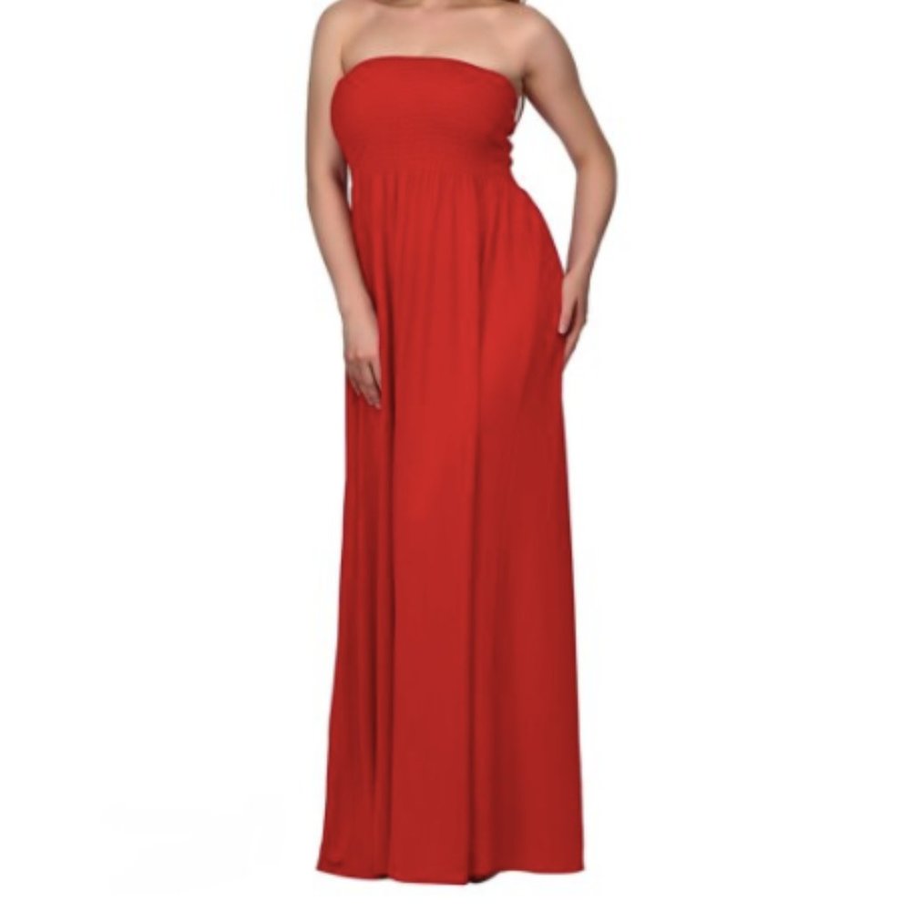 Strapless Maxi Dress Cover Up Tube Top Red Medium